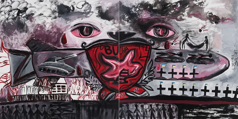 Image of Bucha 2022 by Hanna Solovei, size: 180x90 cм, made of acrylic, Painting medium