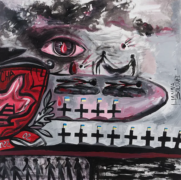 Image of Bucha 2022 by Hanna Solovei, size: 180x90 cм, made of Acrylic on canvas, Painting medium Photo 3 of 3.